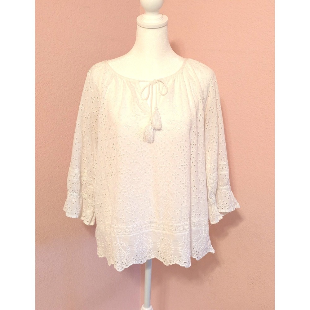Cynthia Rowley White Eyelet Cotton Peasant Blouse M Boho Scalloped Lace Hem
